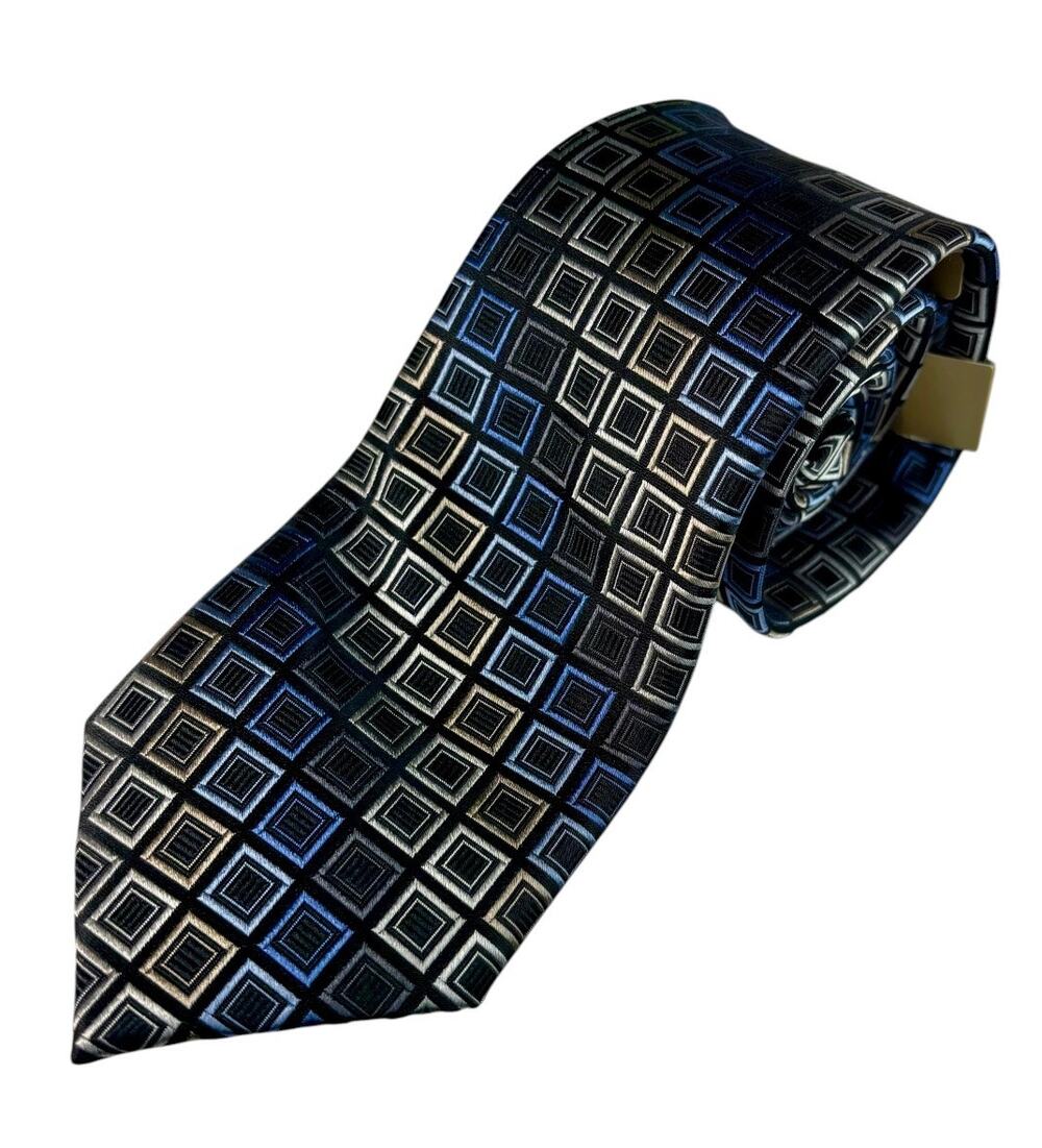 MICHAEL KORS Silk Geometric Square Grid Necktie Blue, Silver, & Black Squares